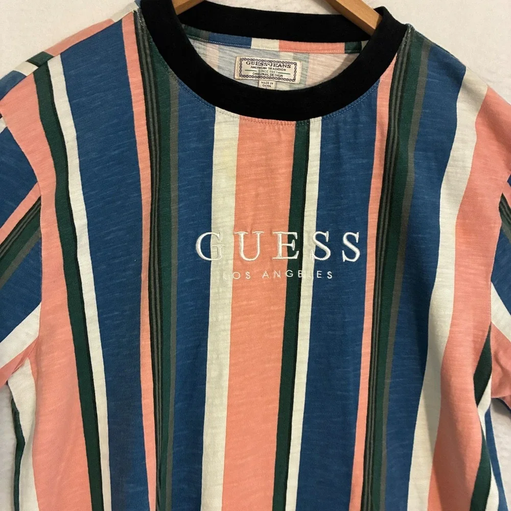 Guess Shirt Mens L Short Sleeve‎ Striped Streetwear Skater Hip Hop Y2K - Picture 2 of 9